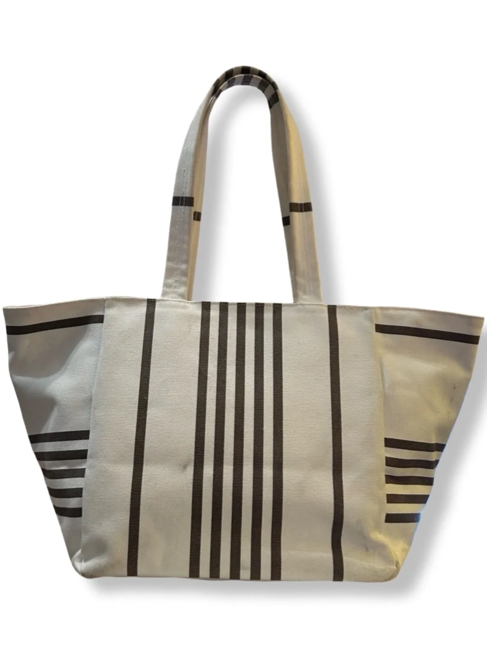 henri bendel Cream and Brown Striped Canvas Tote